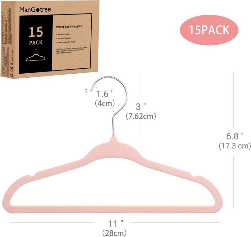 ManGotree Baby Velvet Hangers, Infant and Toddler Hangers, Non-Slip Children Hangers, Ultra-Slim Space Saving Kids Hangers, Sturdy Clothes Hangers 15 Pack (White)