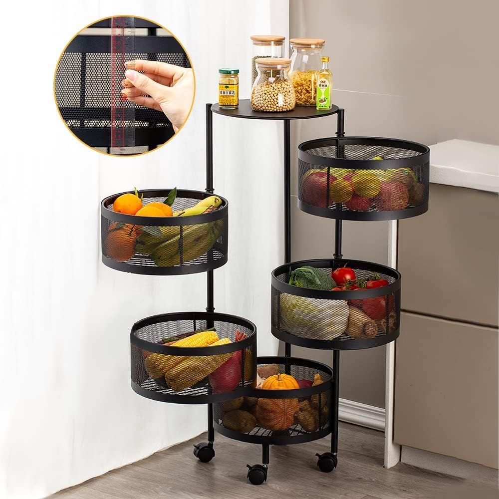 SKY-TOUCH 5 Tier Kitchen Storage Shelf, Rotatable Fruit Vegetable Basket, Circular Rotating Basket Large Storage Rack with 4 Movable Wheels – image 2