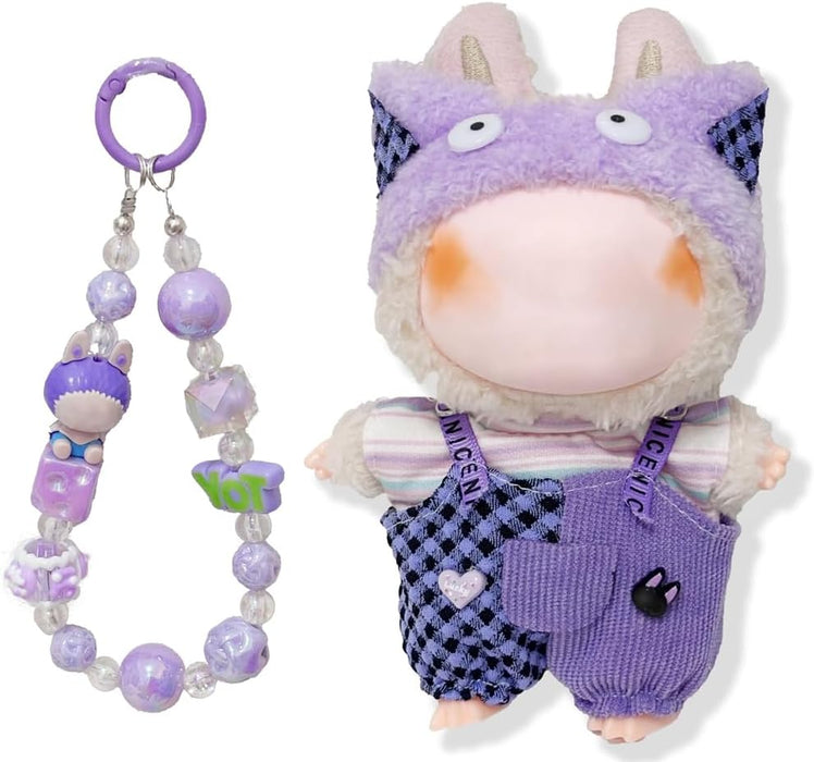 AZONEE Clothes for Labubu, Clothes Set with Charm Bracelet for Labubu 17cm Dolls, Adorable Dress-Up Accessories for Labubu Doll (Purple Cat)