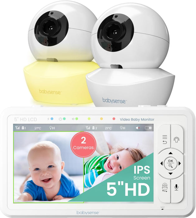 Babysense 5" HD Split-Screen Baby Monitor, Video Baby Monitor with 2 Cameras and Audio, Night Light, 960ft Range, Two-Way Audio, 4X Zoom, Night Vision, 4000mAh Battery