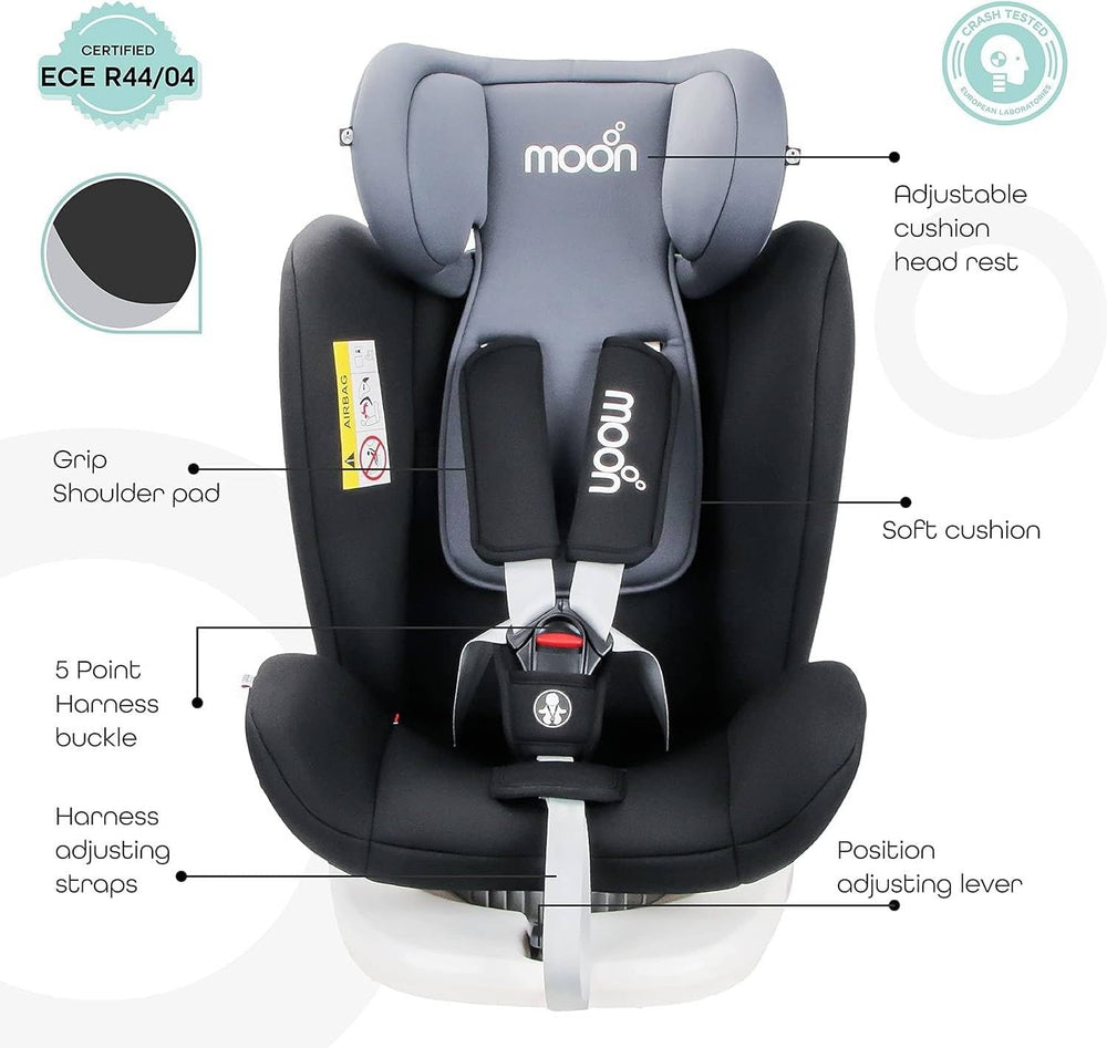 The Moon Brand Gyro Car Seat 360 Rotating Booster Seat for Kids/Infants/Toddlers Baby Travel Gear -Group 0+/1/2/3- Rear & Forward Convertible w/ Isofix 0M to 12Yr (Up to 36kg) Black