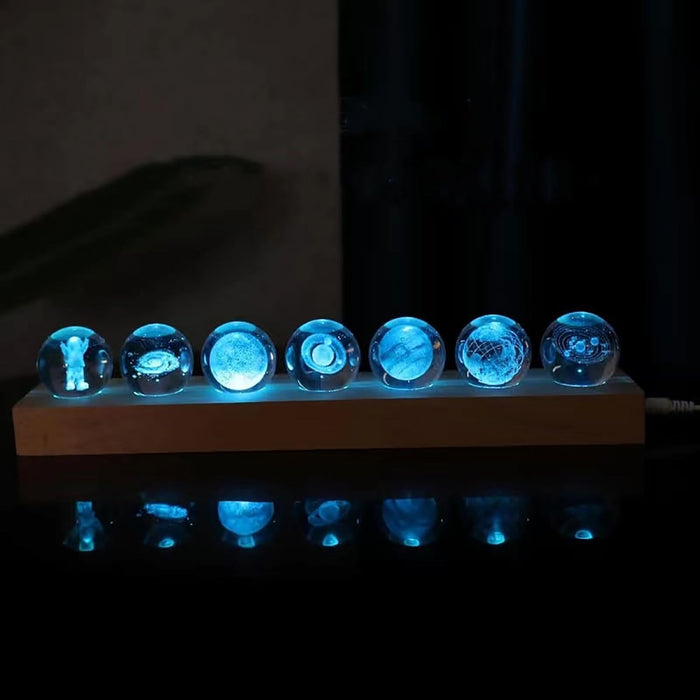 Azonee Planet Crystal Ball Night Light, 3D Crystal Ball Night Light with Led Wooden Base, Crystal Ball Night Light for Meditation Positive Energy, Decorative Ball Set as Family Birthday Gift (7 Pack)