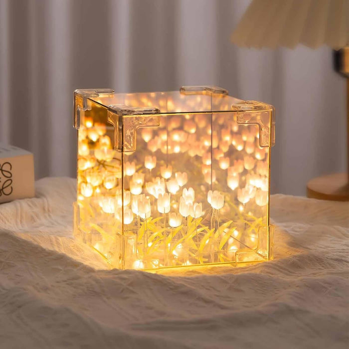 Tazweeq Tulip Night Lamp, Bedroom LED Decorative Night Lamp, Handmade DIY Rubik's Cube Tulip Table Lamp and Mirror 2 in 1, Exquisite Birthday Gifts