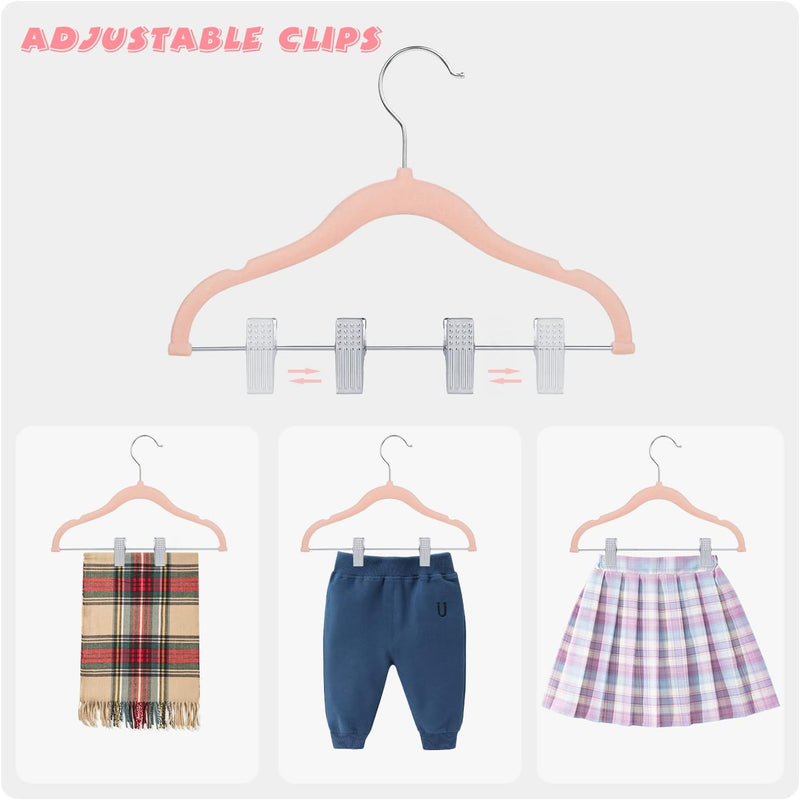 ManGotree 30 cm Baby Velvet Hangers with Movable Clips, Non-Slip Kids Felt Hangers, Ultra-Thin Space-Saving Children's Clothes Hangers for Skirts, Pants, Dresses, Shirts, Jackets (16 Pack, Pink)