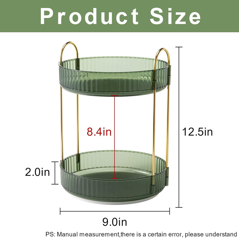 INVSSENE 360° Rotating Makeup Organizer, Bathroom Make Up Spinning Holder Rack, Large Capacity Cosmetics Storage Vanity Shelf Countertop, Fits Cosmetics, Perfume, Skincare, Lipsticks(2 Tiers, Green)