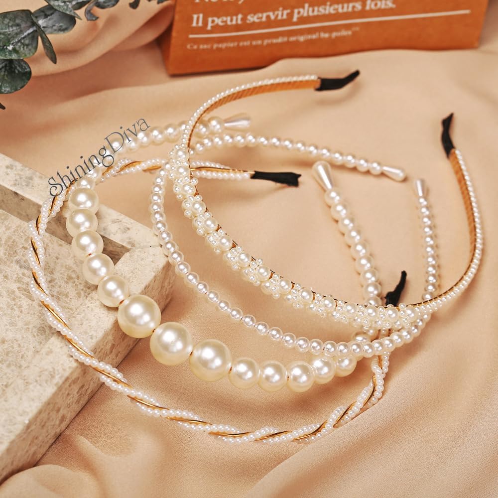 Shining Diva Fashion 4 Pcs Headbands Stylish Pearl Hairbands Hair Accessories Hair Bands for Women Girls (14967hb) – image 2