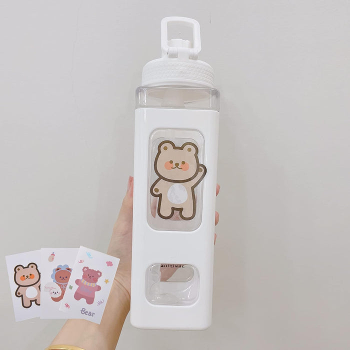 ChicAbode Large Kawaii Water Bottle with Straw and Sticker, Cute Bear Water Bottles, Portable Square Drinking Bottle, Leak Proof Juice Tea Water Cup, for Women and Girl, White, 900ml, 30oz
