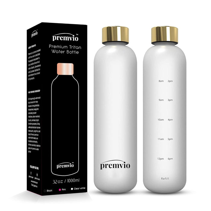 Premvio™ Premium Tritan Bottle Water Bottle With Time Markers - Motivational Water Bottle Leak Proof - BPA Free - Gym, Sports, Outdoors 32oz, Clear white