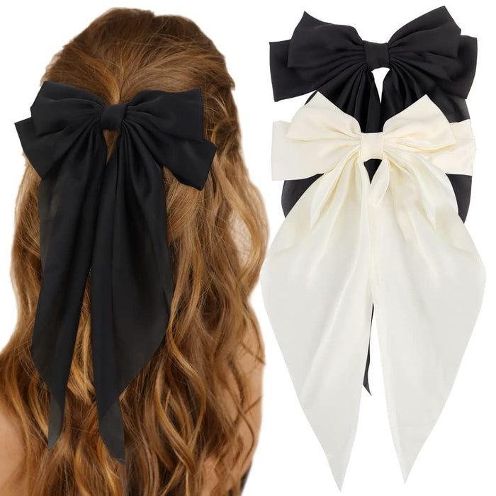 2 Pcs Silky Satin Hair Bows,Big Hair Bows for Women Hair Ribons Oversized Long Tail White Hair Bow Black Hair Bow Large Hair Barrettes for Women French Barrettes Metal Clips Hair Clip (White+Black)
