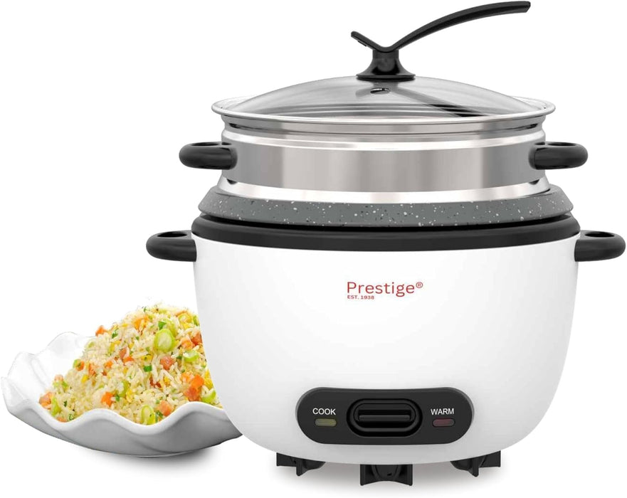 Prestige Automatic Rice Cooker 1.8 L | 3 in 1 function, Cook, Steam and Keep Warm | Non-Stick inner pot, Aluminum Steamer | Glass lid with cool touch - PR81258