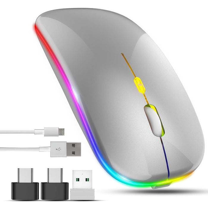 GraGra Wireless Rechargeable Bluetooth Mouse for Laptop, 2.4 GHz With 2 USB A to C Adapters, 3 Buttons, 800-2400 DPI, Computer Accessories