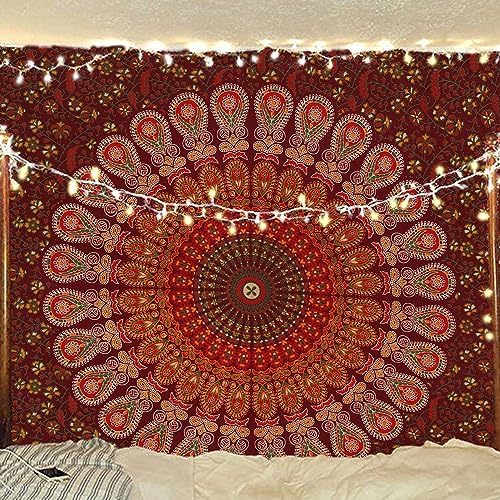 Bless International, Indian Wall Hanging Psychedelic Hippie Bohemian Peacock Mandala Tapestry Bed Sheet Gold Pink Blue King 225x265cm