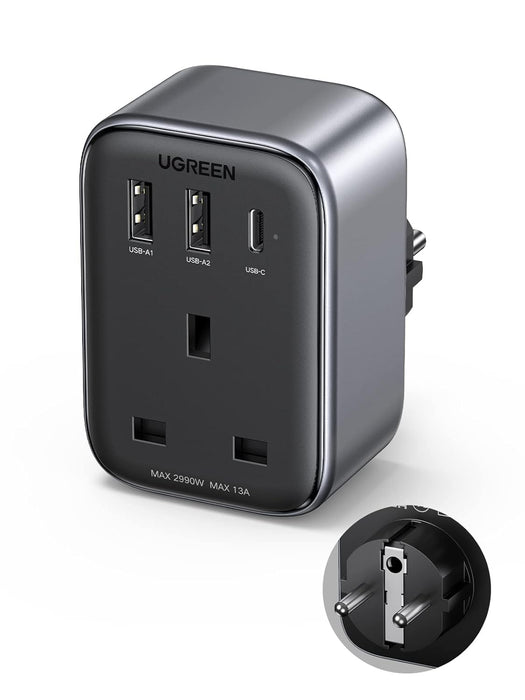UGREEN 4-in-1 Travel Charger Adapter 30W Accepts Devices with UAE/KSA/UK Plugs for Use in Type C Sockets in European Plug Travel Converter Charger with 3 USB Ports, Type G 3 Pin to Euro C Plug
