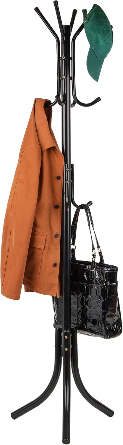 Mind Reader COATRACK11 Standing Metal Coat Rack Hat Hanger 11 Hook for Jacket, Purse, Scarf Rack, Umbrella Tree Stand, Black