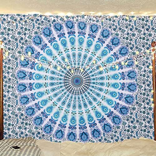 Bless International, Indian Wall Hanging Psychedelic Hippie Bohemian Peacock Mandala Tapestry Bed Sheet Gold Pink Blue King 225x265cm