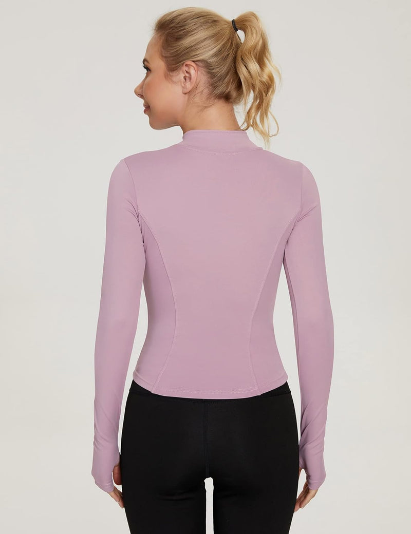 IECCP Women's T-Shirt, Gym Top, Yoga Top, Long-Sleeved Crop Top, Sports Shirt, Lightweight Fitness Top with Half Zipper and Thumb Hole