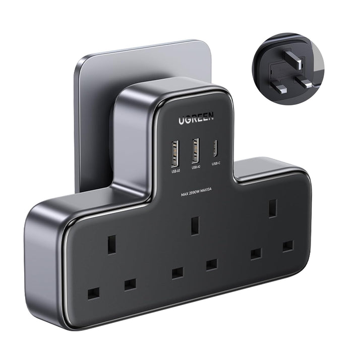 UGREEN 6-in-1 Power Strip Surge Protector Extension Plug Multiple 3 AC Outlet Sockets, USB C Fast Charger 3 USB Ports, Triple UK Plug Extender Type C Charging Station for Kitchen, Home Office