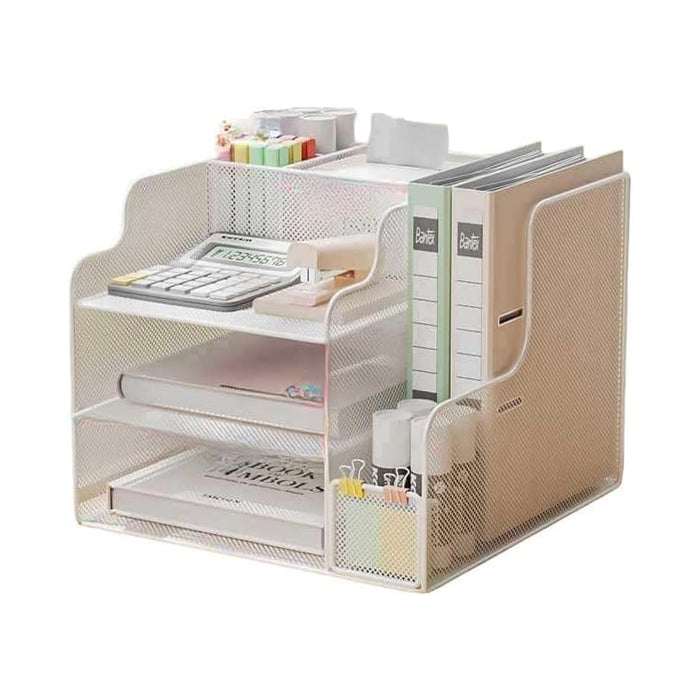 WEKOTEE Mesh Desk Organizer, 3-Tier Paper Letter Tray with File Holder & Pen Holder, Desktop Organizer and Storage for Desk Accessories Office Supplies, White-A