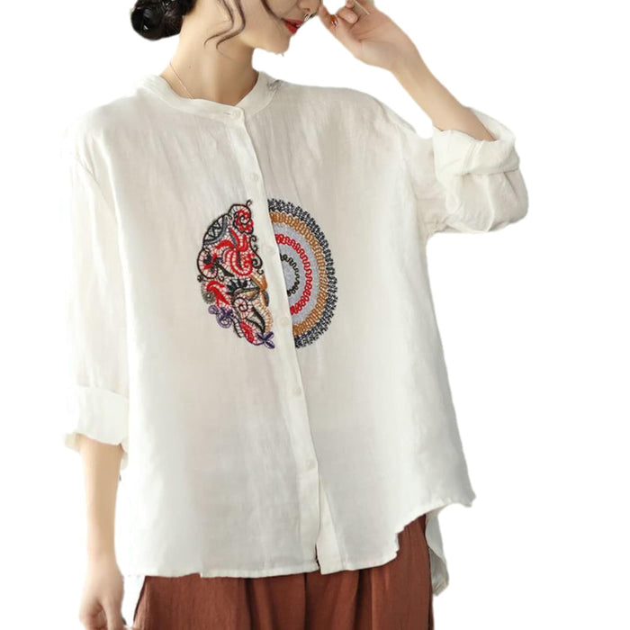 Women's Literary Retro Embroidery Linen Shirt Spring Summer Casual Loose Stand Collar Long Sleeve Shirts