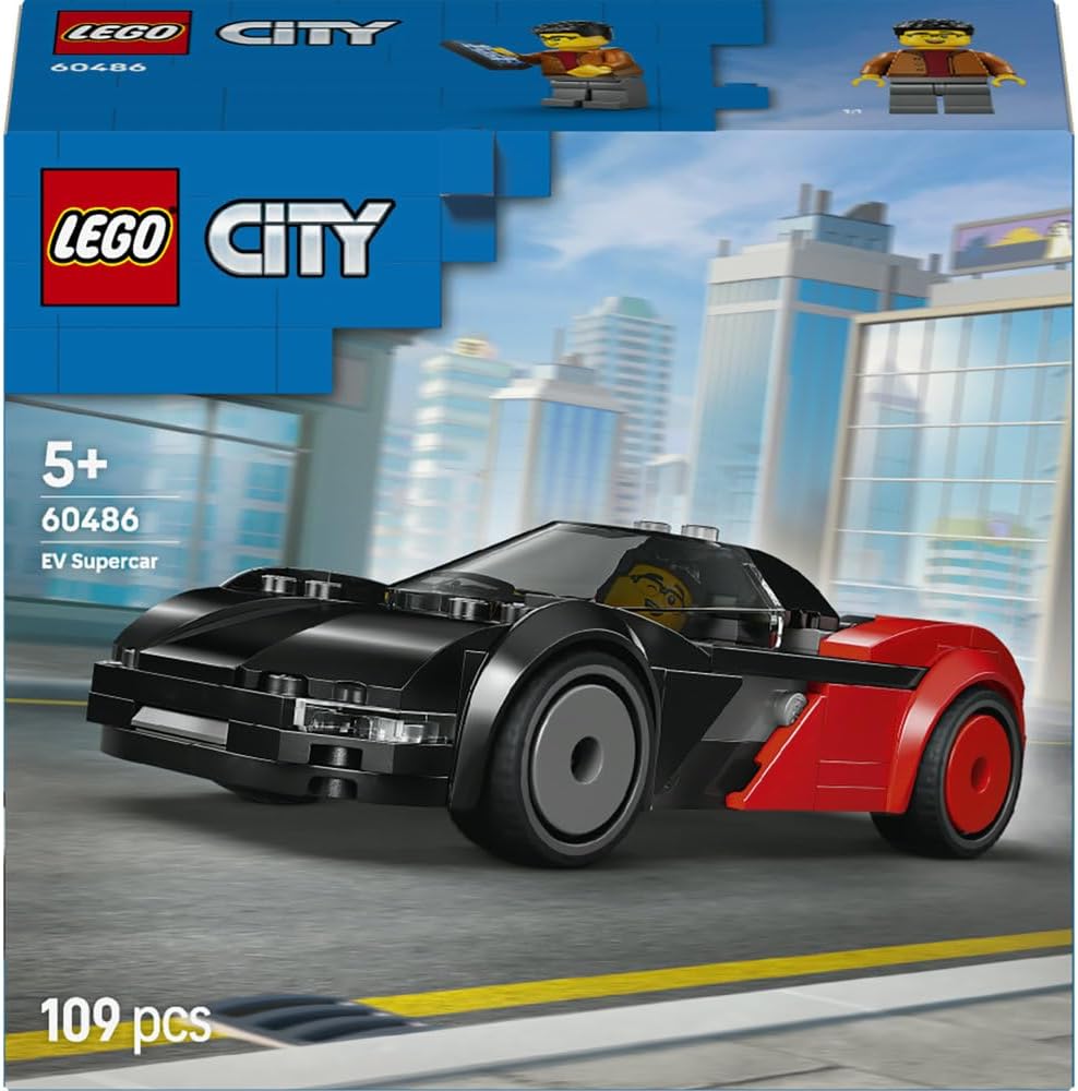 City EV Supercar 60486 Race Car Model Kit, Driver Minifigure, Fine Motor Skills Building Set, Gift for 5+ Year Old Boys & Girls, 109 Pieces