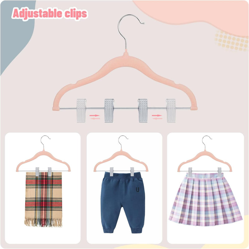 ManGotree 11.8'' Baby Velvet Hangers with Movable Clips, Non-Slip Kids Felt Hangers, Ultra-Thin Space-Saving Children's Clothes Hangers for Skirts, Pants, Dresses, Shirts, Jackets (7 Pack, Blue)