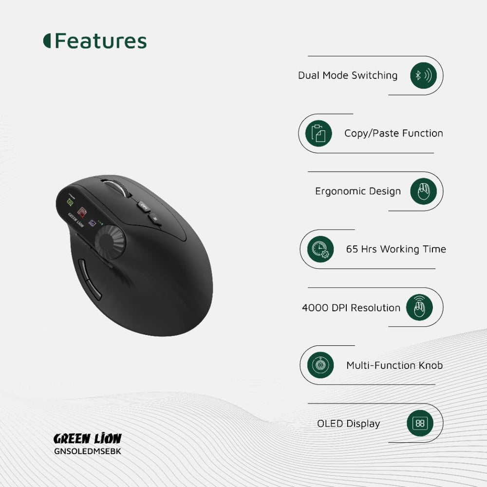 Next Store Smart OLED Vertical Mouse, Ergonomic Wireless Design with OLED Display, Multi-Function Knob, 4000 DPI Adjustable, Bluetooth 5.1 & 2.4G, Rechargeable 500mAh Battery