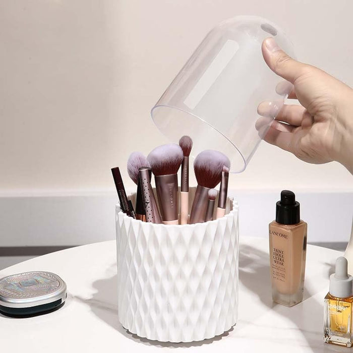 AMERTEER Makeup Brush Holder Organizer with Lid, 360° Rotating Makeup Case Organizer, Dustproof Makeup Brush Organizer, Cosmetics Display Case for Lipstick, Brushes, Nail Polish