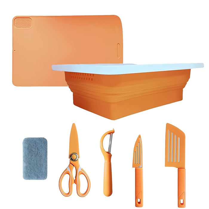 Cutting Board with Foldable Camping Sink Set of 7,Portable Sink Storage Basket - Washing and Draining Veggies Fruits for Kitchen and Camping Essentials,collapsible BBQ Prep Tub with Knife (Orange)