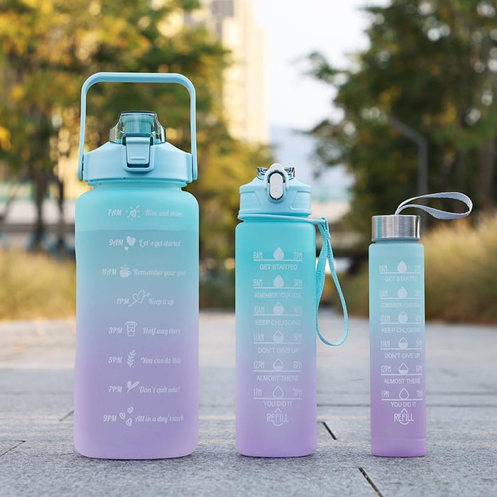 3 Pack Sports Water Bottle With Straw - 2L+900ml+500ml Measured Plastic Drinking BPA Free Non-Toxic Sports Drinks Time Markings Motivational Fitness (Green)