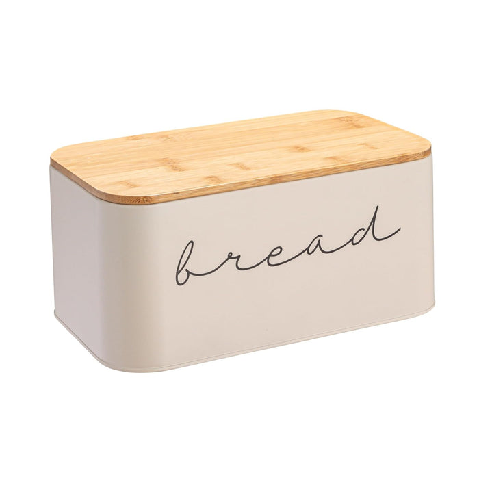 Bloomingville Metal Bin with Bamboo Lid, Cream Bread Box, 11.75" L x 5.25" W x 7" H, Beige