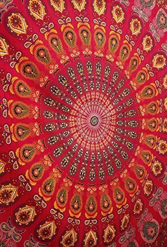 Bless International, Indian Wall Hanging Psychedelic Hippie Bohemian Peacock Mandala Tapestry Bed Sheet Gold Pink Blue King 225x265cm