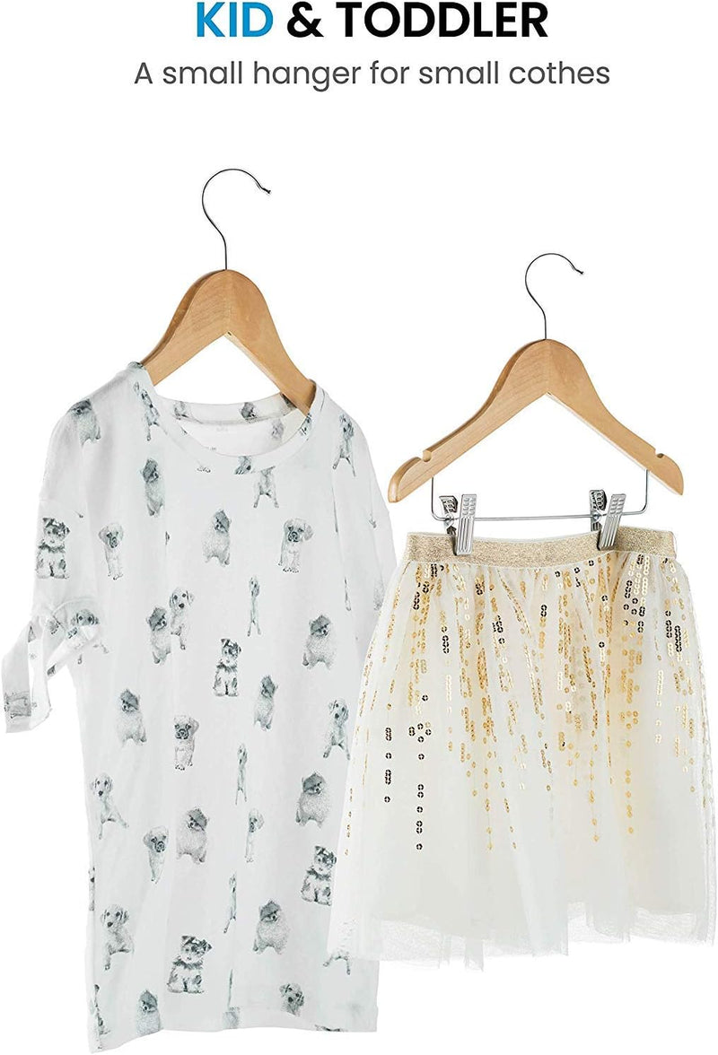 High-Grade Wooden Childrens/Kids Hangers with Clips (10 Pack) Smooth & Durable Wood Baby Hangers/Nursery Hangers - 12.5 Inch - 360° Hook & Cut Notches- Great Toddler Hanger for Dress Skirts Pants