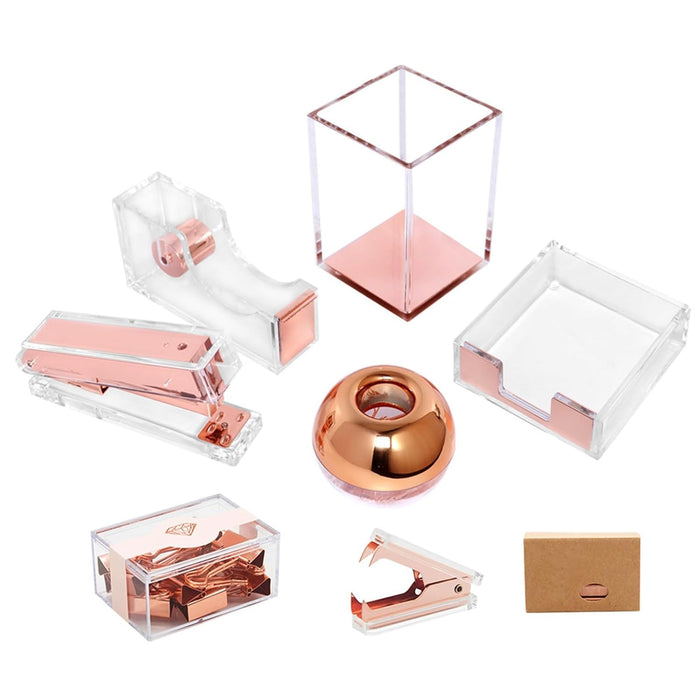 THE WHITE SHOP Acrylic Stapler, Rose Gold Desk Accessories, Office Supplies Set Acrylic Stapler, Set Staple Remover, Tape Holder, Pen Holder