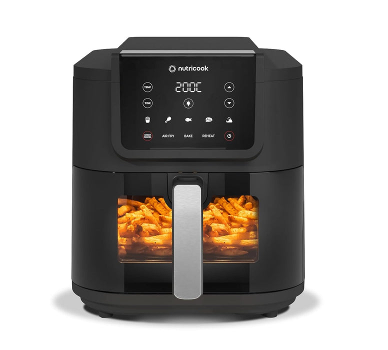 Nutricook Air Fryer Slim XL,7.6L, ceramic coated Extra-Large Basket, Slim Design, Air Fry, Bake, Reheat, with 5 Presets, Clear Window & Internal Light, AFS200, Black, 1700 Watts, 2 Yr limited Warranty