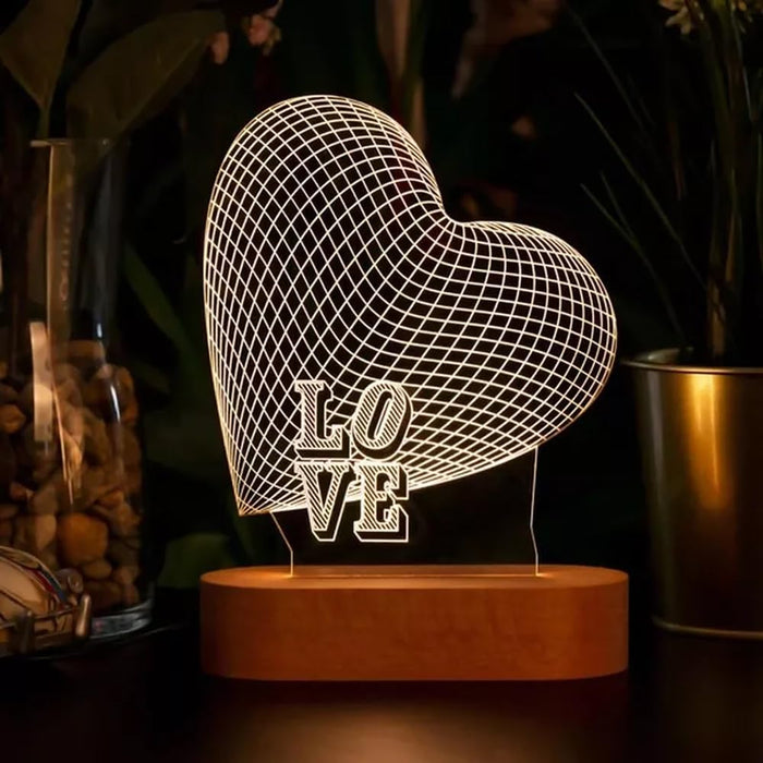 AMERTEER 3D Night Light - Romantic Heart Shape Illusion Lamp, USB Powered Acrylic LED Visual Love Gift with Wooden Base, Perfect for Valentine's Day, Wedding Anniversary & Bedroom Décor