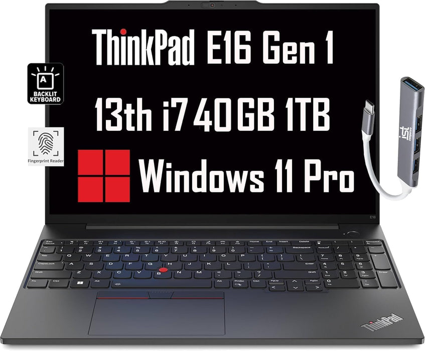 Lenovo ThinkPad E16 Business Laptop (16" FHD+ Anti-Glare, Intel 13th Gen 10-Core i7-1355U, 40GB RAM, 1TB SSD), Backlit, Fingerprint, IST Hub, FHD Webcam, Ethernet, Wi-Fi 6, Win 11 Pro, Black