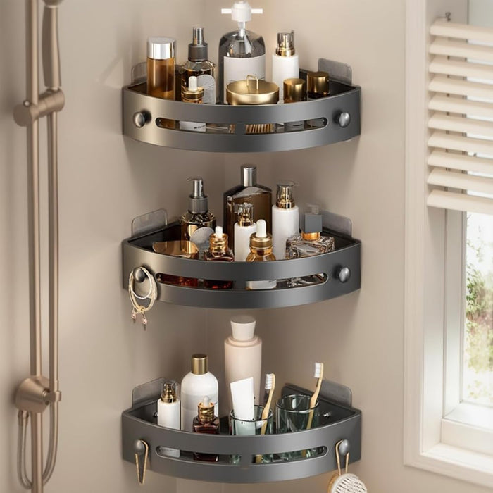 3 Piece Corner Plastic Shower Shelf, No Punch Design Wall Mounted Shelf, Waterproof and Rustproof Adjustable Quick Mount Shower Shelf Corner for Bathroom Storage (Black)