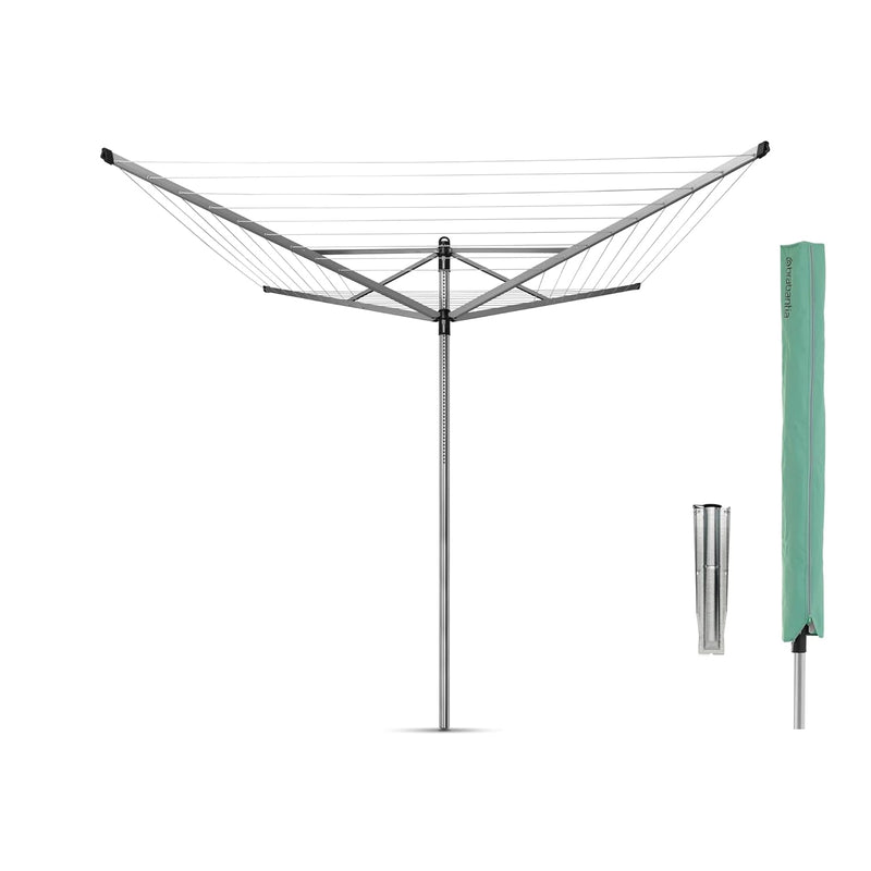 Brabantia Lift-O-Matic Outdoor 4 Arm Clothesline (197 ft/Ø 1.8") Height Adjustable, Folding Clothes Drying Rack  Ground Spike & Cover (Gray)