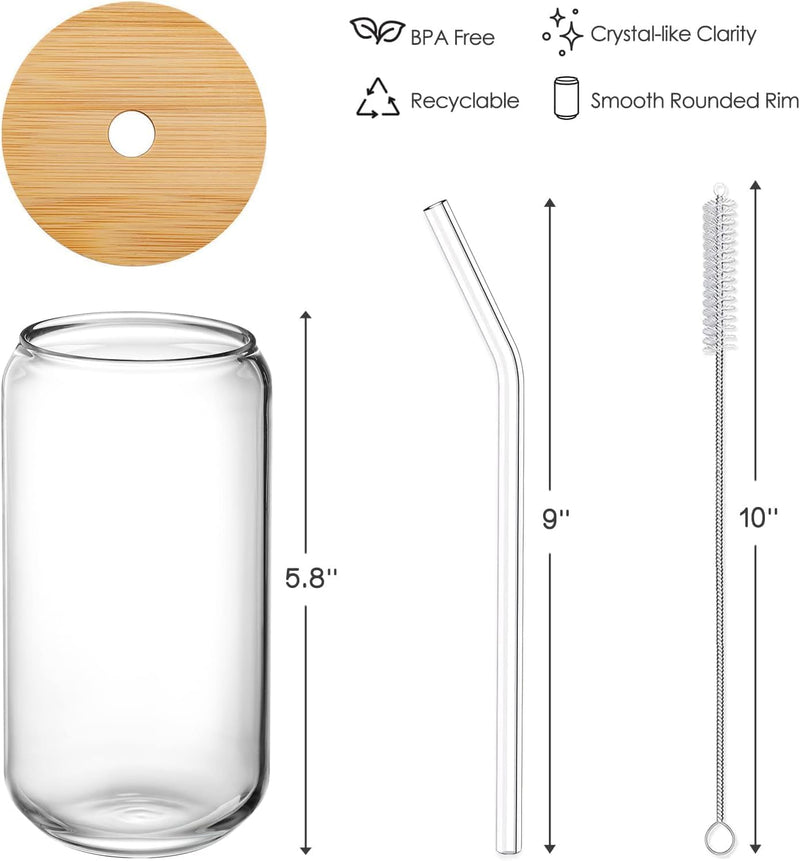HOOJO Drinking Glasses with Bamboo Lids and Glass Straw 4pcs Set - 16oz Can Shaped Glass Cups, Iced Coffee Glasses, Cute Tumbler Cup, Ideal for Mocktails & Cocktails, Gift - 2 Cleaning Brushes (4)