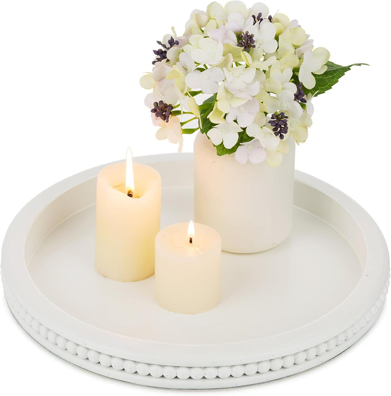 Hanobe Decorative Serving Tray Wood: White Washed Bead Round Tray Decor for Coffee Table Rustic Wooden Trays Farmhouse Centerpiece for Living Room Kitchen Counter