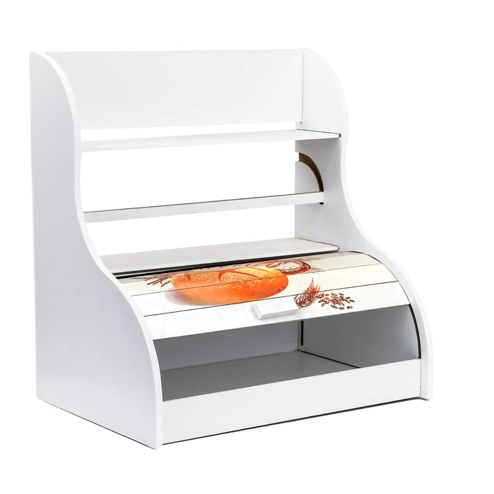 Anka white wooden bread box with towel holder | bread box container with roll-top lid | wooden kitchen storage box - bread design