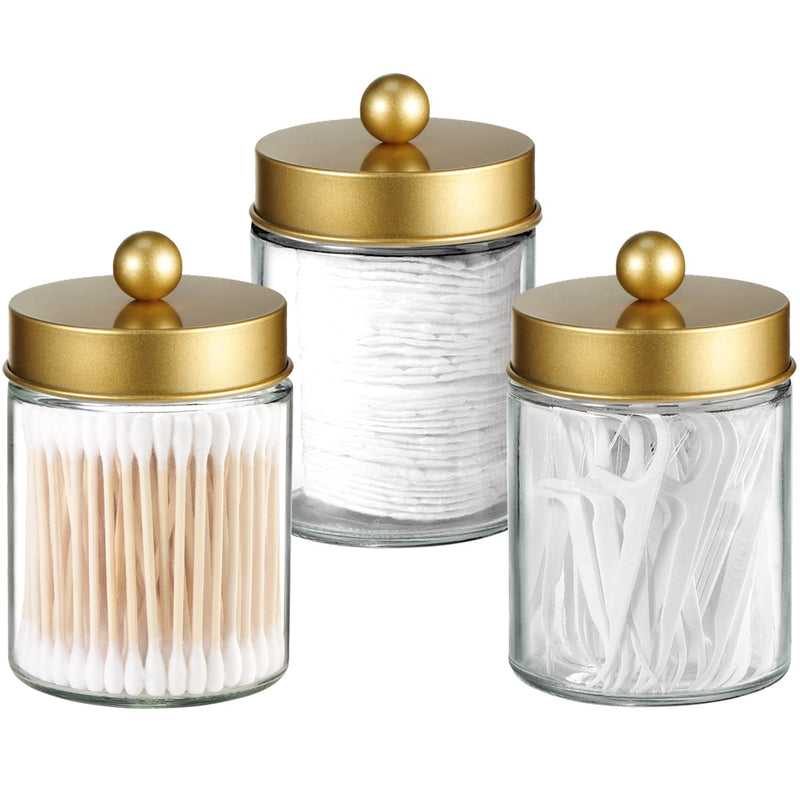 Apothecary Jar Canisters Bathroom Vanity Organizer - Qtip Holder Storage Organizer Countertop Canister-Stainless Steel Lids &Cute Stickers for Qtips,Cotton Swabs,Makeup Sponges,Floss(3 Pack ) (Gold)