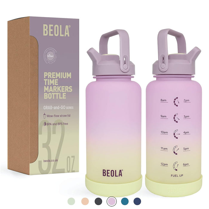BEOLA 1000ml, 750ml, Motivational Water Bottle with Time Markers and Straw Lid, Tritan Plastic, BPA BPS FREE Leak Proof and Drop Resistant Office Bottles, 32oz, 25oz (Morning Rose, 1000ml)