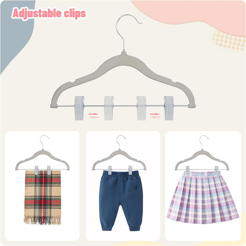 ManGotree 11.8'' Baby Velvet Hangers with Movable Clips, Non-Slip Kids Felt Hangers, Ultra-Thin Space-Saving Children's Clothes Hangers for Skirts, Pants, Dresses, Shirts, Jackets (7 Pack, Blue)