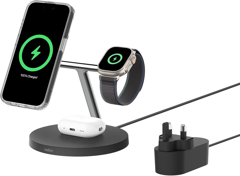 Belkin MagSafe 3 in 1 Wireless Charging Station, 15W iPhone and Apple Watch Fast Wireless Charger, AirPods Charging Station for iPhone 16, 15, 14, 13, 12 Series, Apple Watch 10/9/8, SE, Ultra - Black