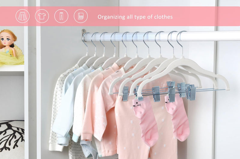 ManGotree 11.8'' Baby Velvet Hangers with Movable Clips, Non-Slip Kids Felt Hangers, Ultra-Thin Space-Saving Children's Clothes Hangers for Skirts, Pants, Dresses, Shirts, Jackets (7 Pack, Blue)