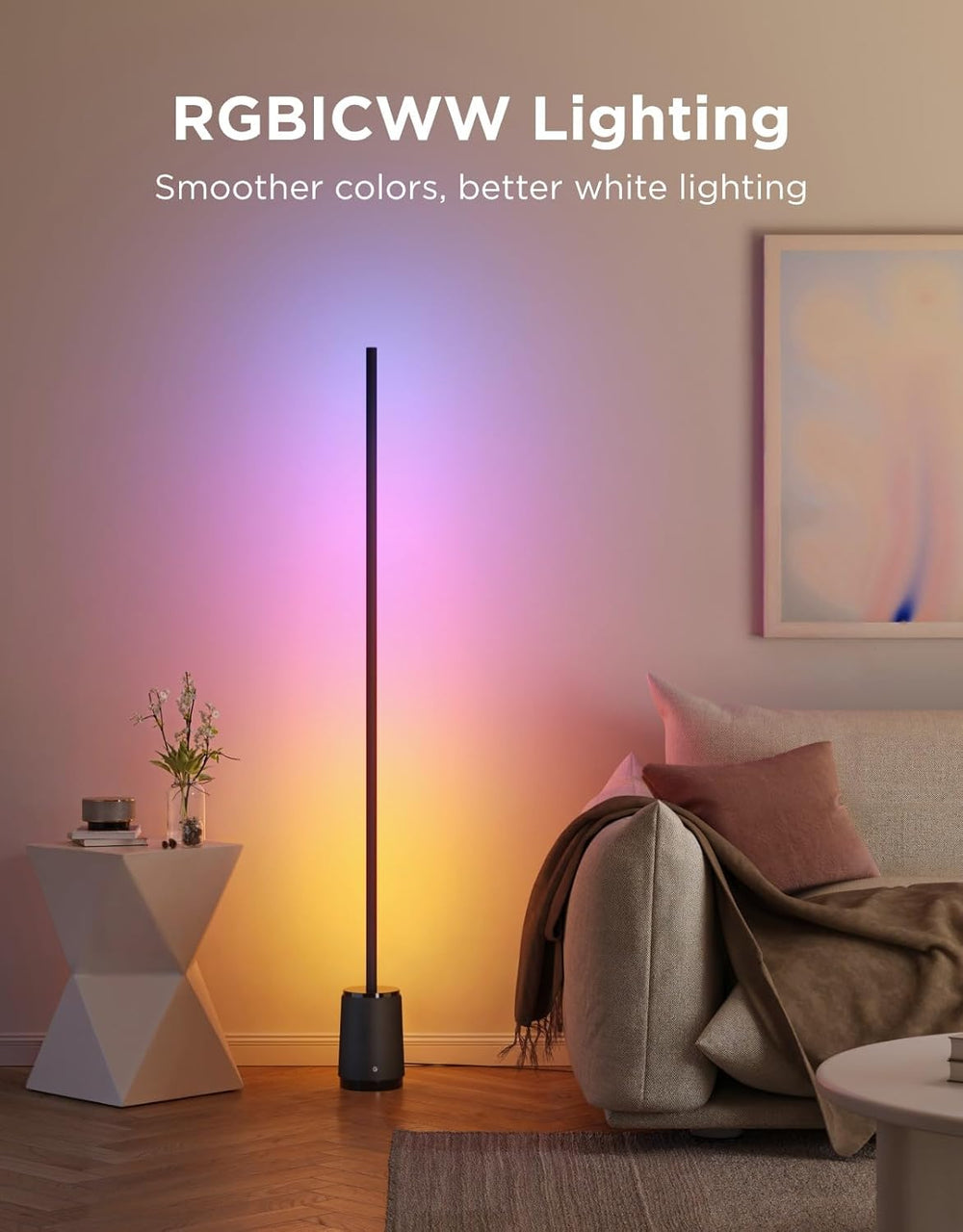 LED Floor Lamp 3 Lite RGBICWW, 1400lm Smart Standing Lamp 152cm 2700-6500K, 105+Scene, AI Bot 2.0, DIY, Music Sync, Work with Alexa Matter, Black, Corner Floor Lamp for Bedroom Living Room