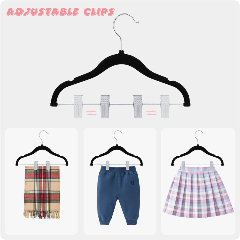 ManGotree 11.8'' Baby Velvet Hangers with Movable Clips, Non-slip Kids Clothes Hangers, Ultra-thin Space-saving Children's Felt Hangers for Shirts, Pants, Dresses, Skirts, Jackets (16 Pack, White)