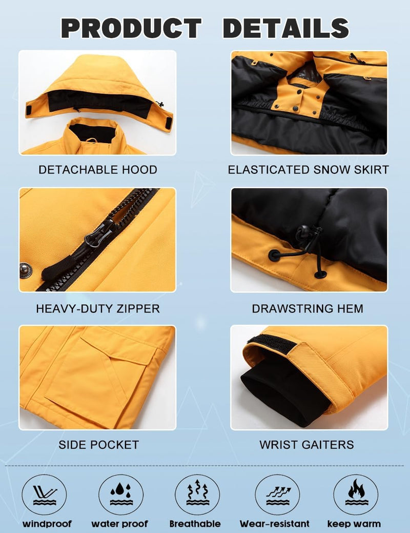 HOUZONIY Men's Ski Suit Snowsuit Breathable Windproof Snow Trousers Snow Jacket with Removable Hood for Skiing Snowboarding Ski Suit