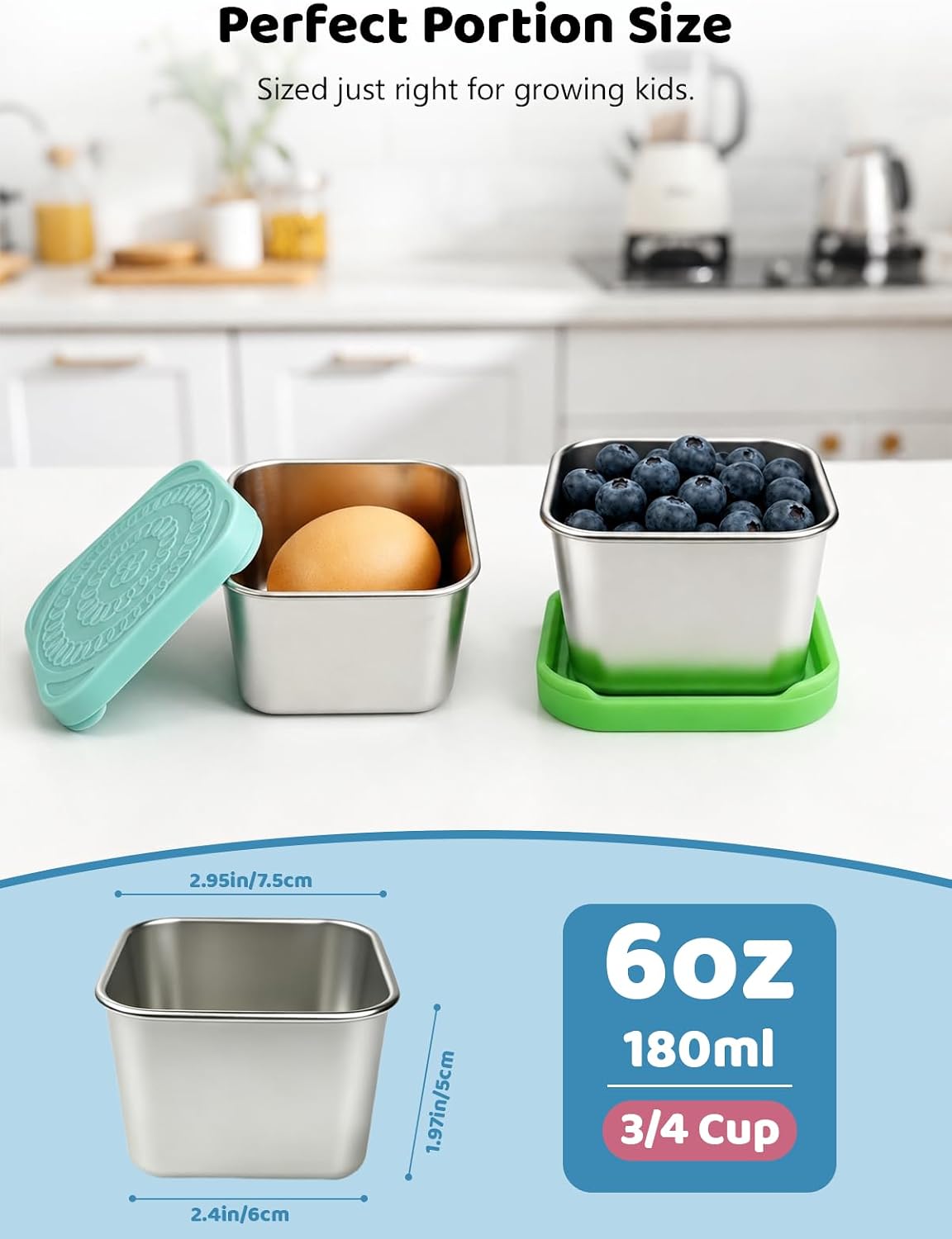 HTEVW - 6 Pack 6 oz Stainless Steel Kids Containers Easy Open Leakproof Metal Snack Containers with Silicone Lids, Stackable Lunch Box – image 3